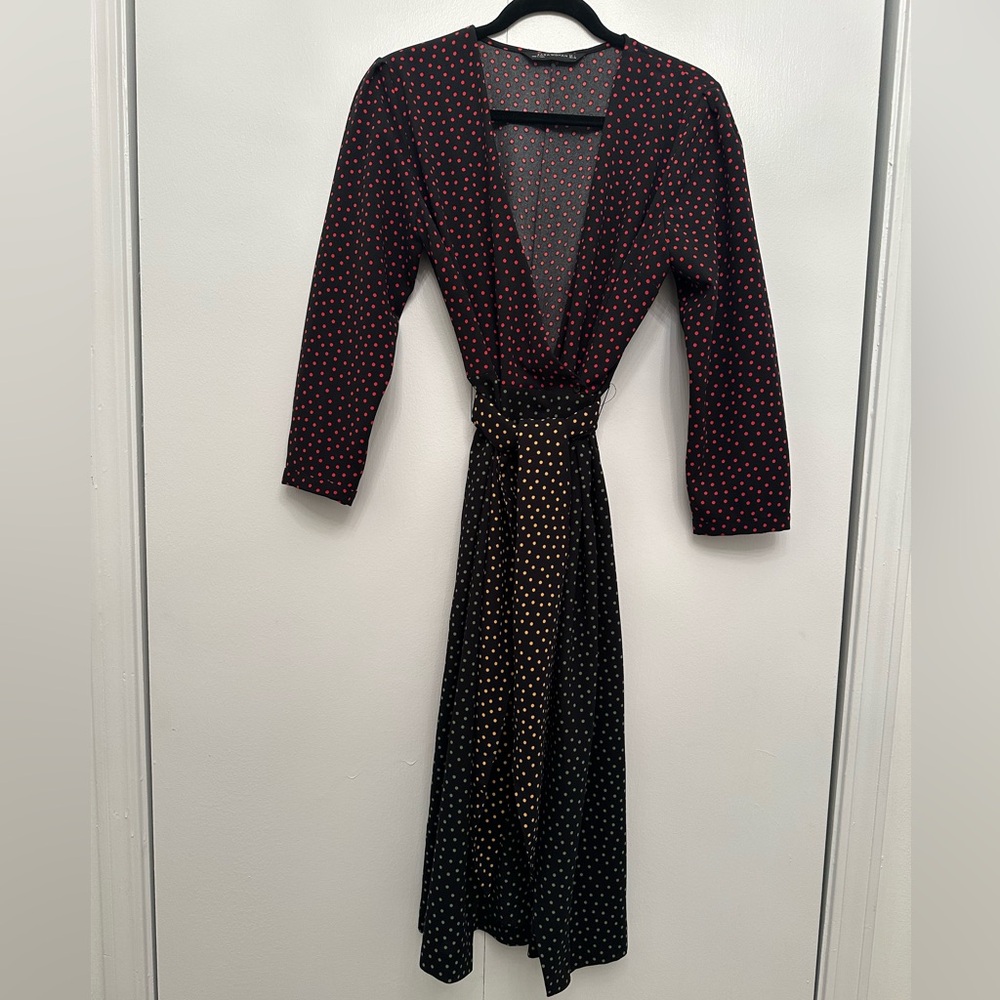 ZARA Polka Dot Belted Long Sleeve Wrap Midi Dress Size L - Picture 6 of 9